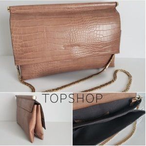 Neutral Blush Pink Croc Print Evening Bag Clutch Luxe Gold Chain Strap Roomy